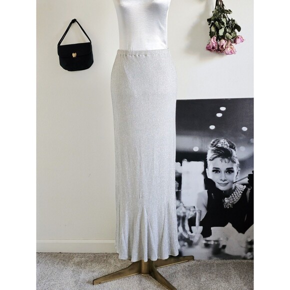 American Vintage Dresses & Skirts - Vintage 90s Metallic Silver Glitter Mermaid Maxi Floral Skirt Sz M
